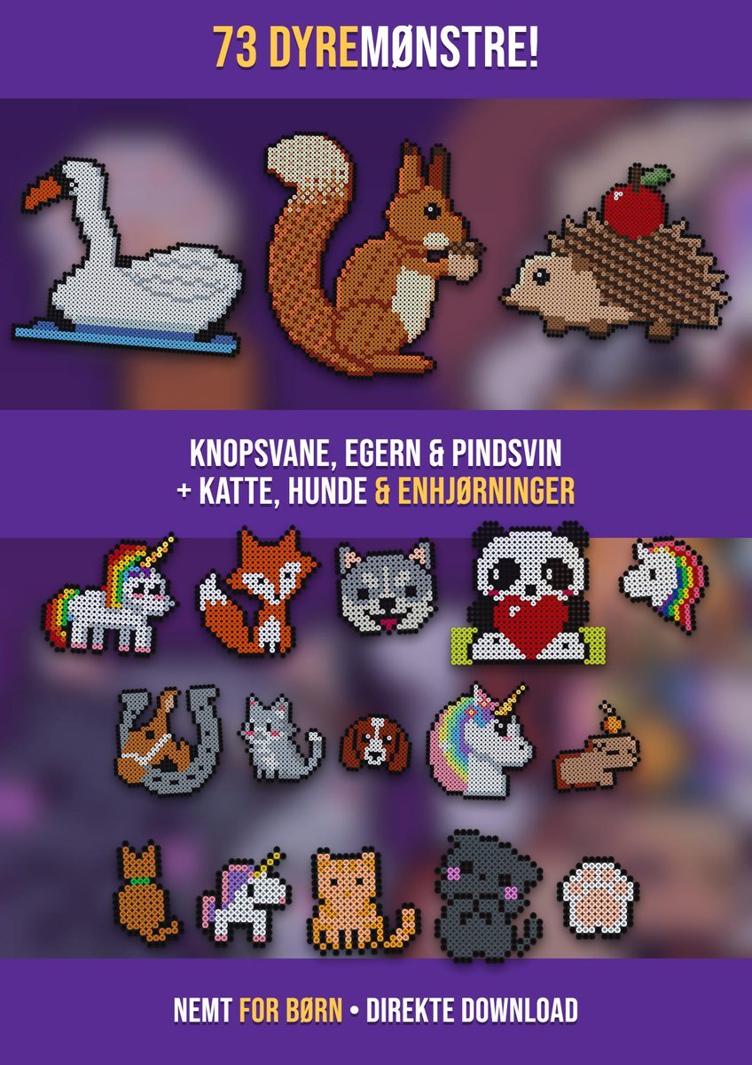 Dyremønstre til perleplader – knopsvane, egern og pindsvin plus katte, hunde og enhjørninger af perler