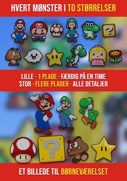Det samme Super Mario-mønster i to størrelser: lille på 1 perleplade og stor på flere plader