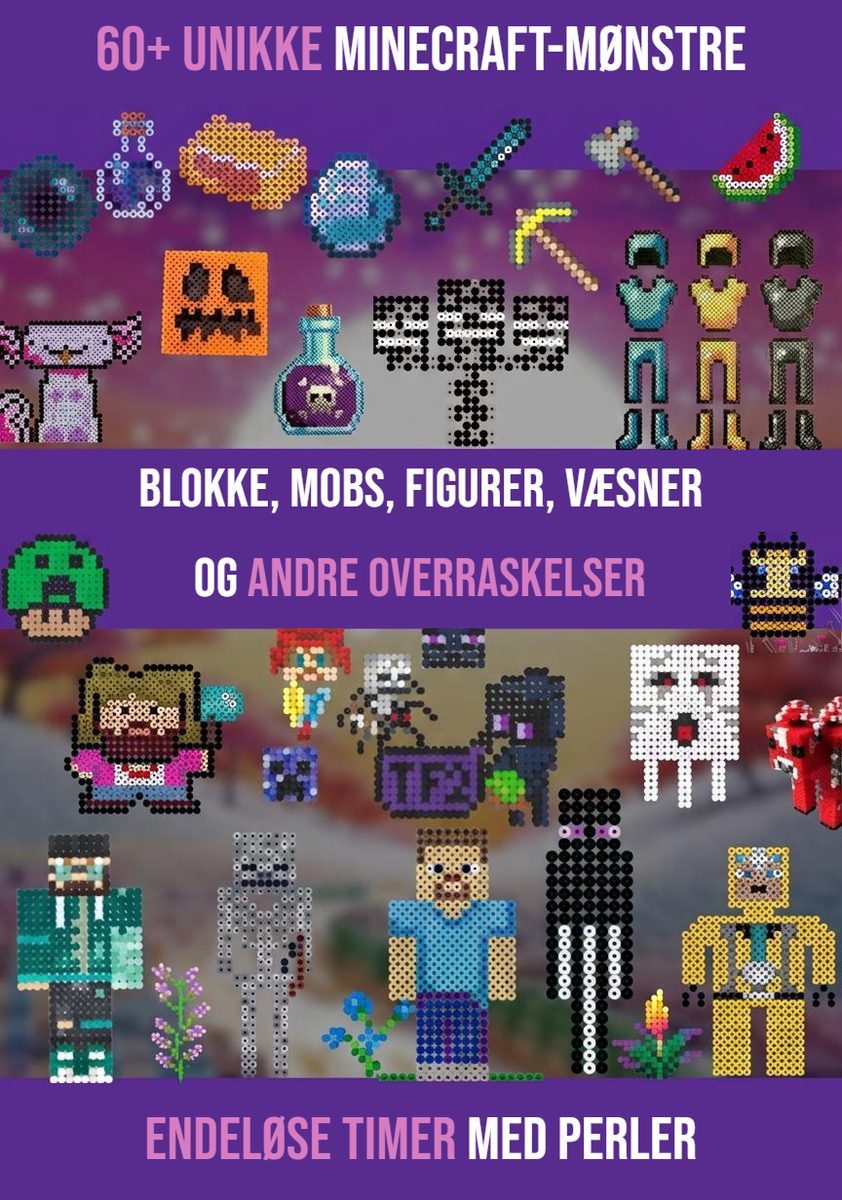 Minecraft-mønstre til perleplader – Creeper, Steve, Enderman og TNT af perler
