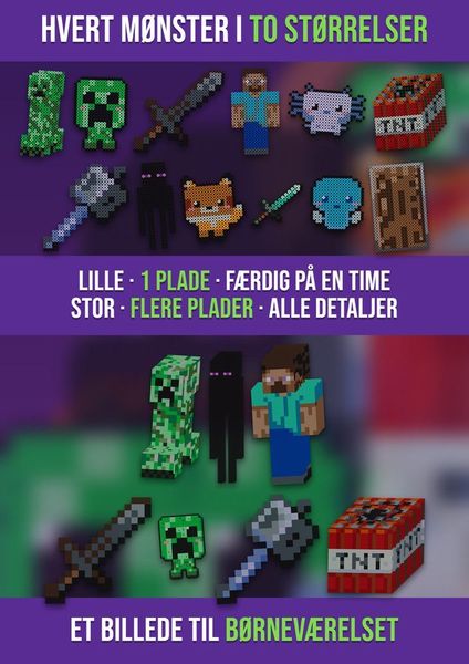 Det samme Minecraft-mønster i to størrelser: lille på 1 perleplade og stor på flere plader